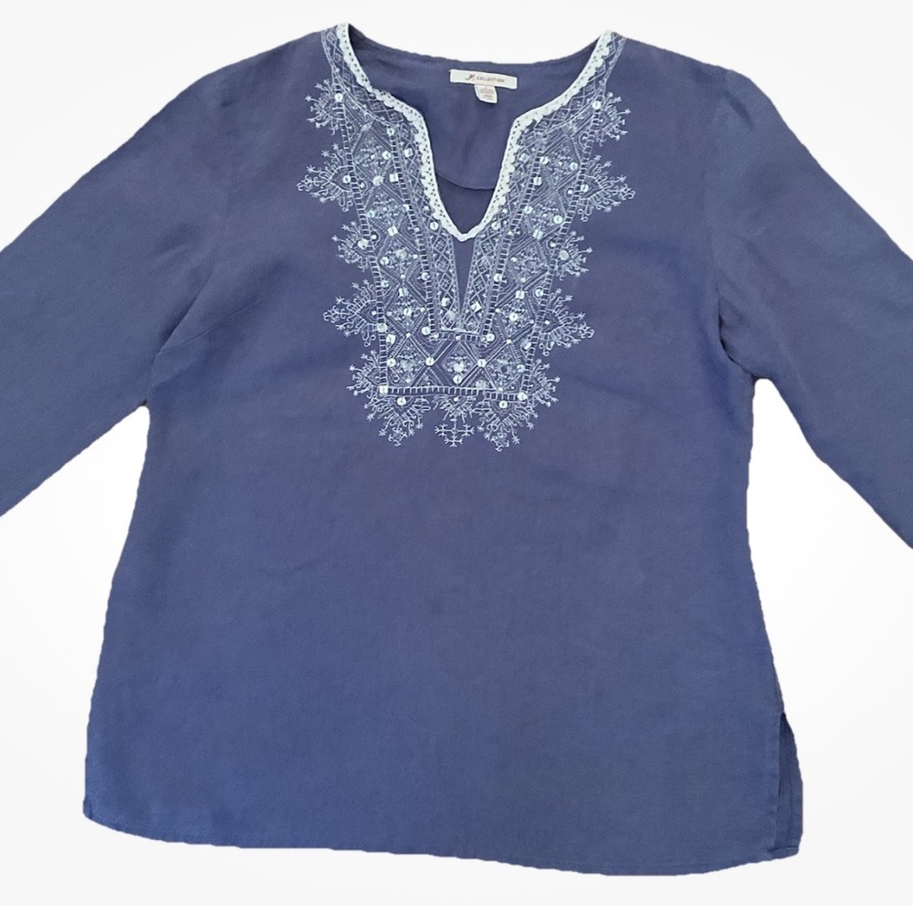 JM Collection 100% linen Embroidered V-NeckTop Tunic Periwinkle